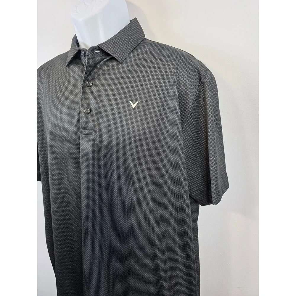Callaway Opti-Dri Mens Large Black Gray Grid Performance Golf Polo Shirt Logo